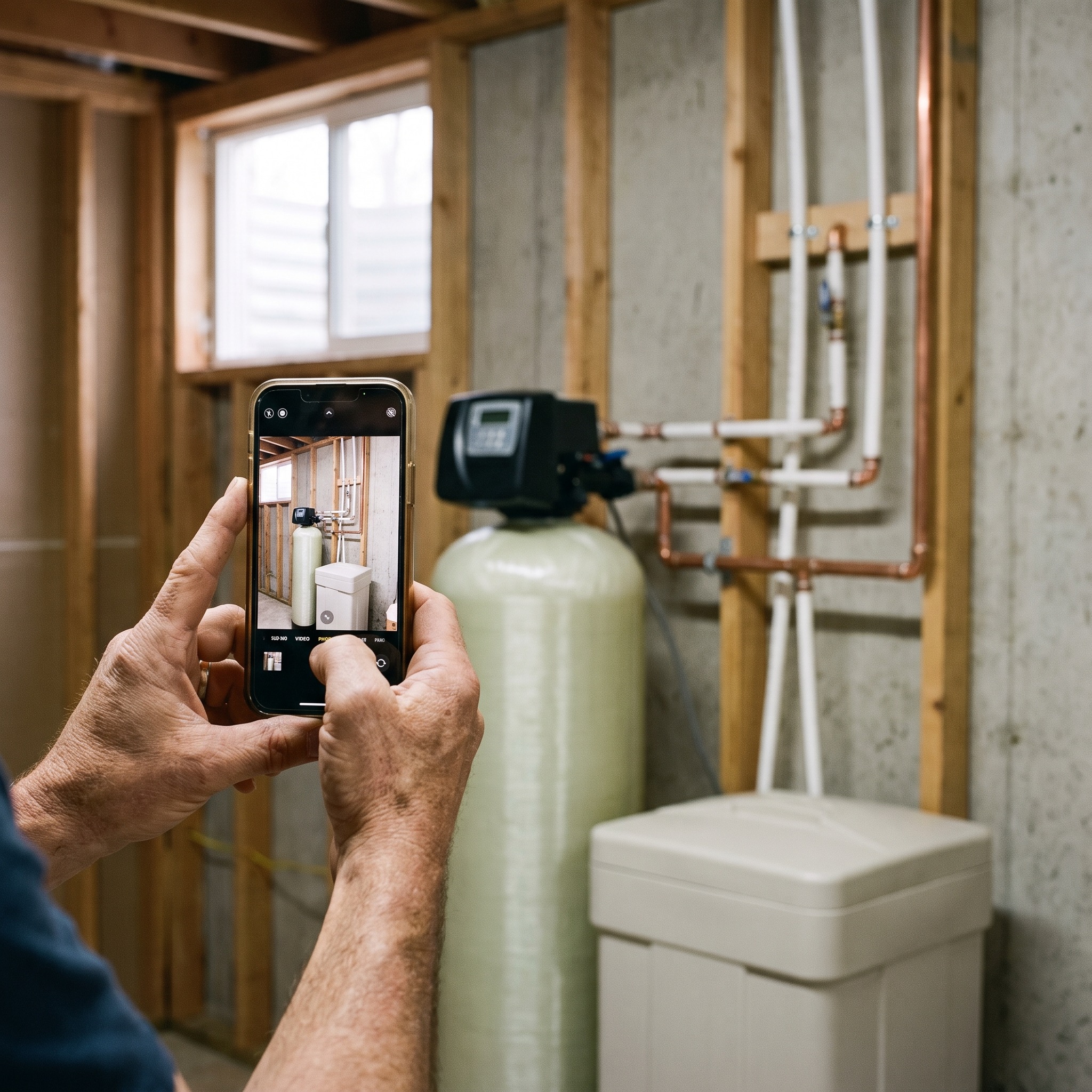 Water Filter Installation Pictures in Colorado Water treatment installer photographing a completed water softener installation in a Colorado home