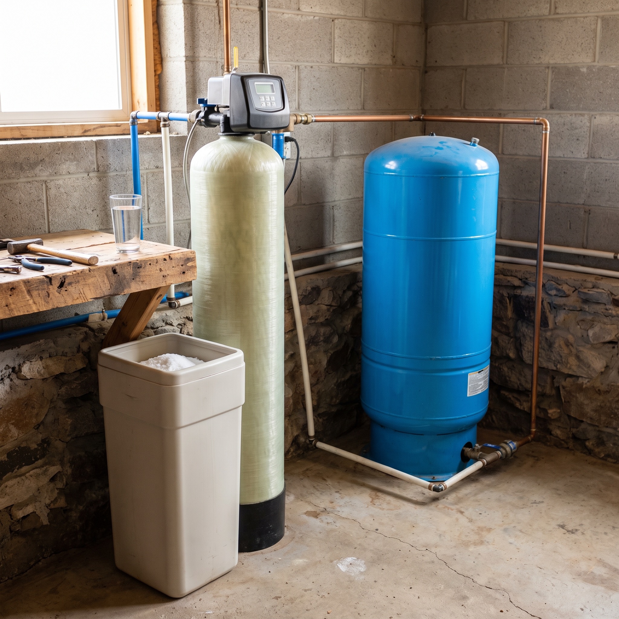 Well Water Softener Systems in Colorado Water softener system installed next to a well pressure tank in a Colorado rural home basement