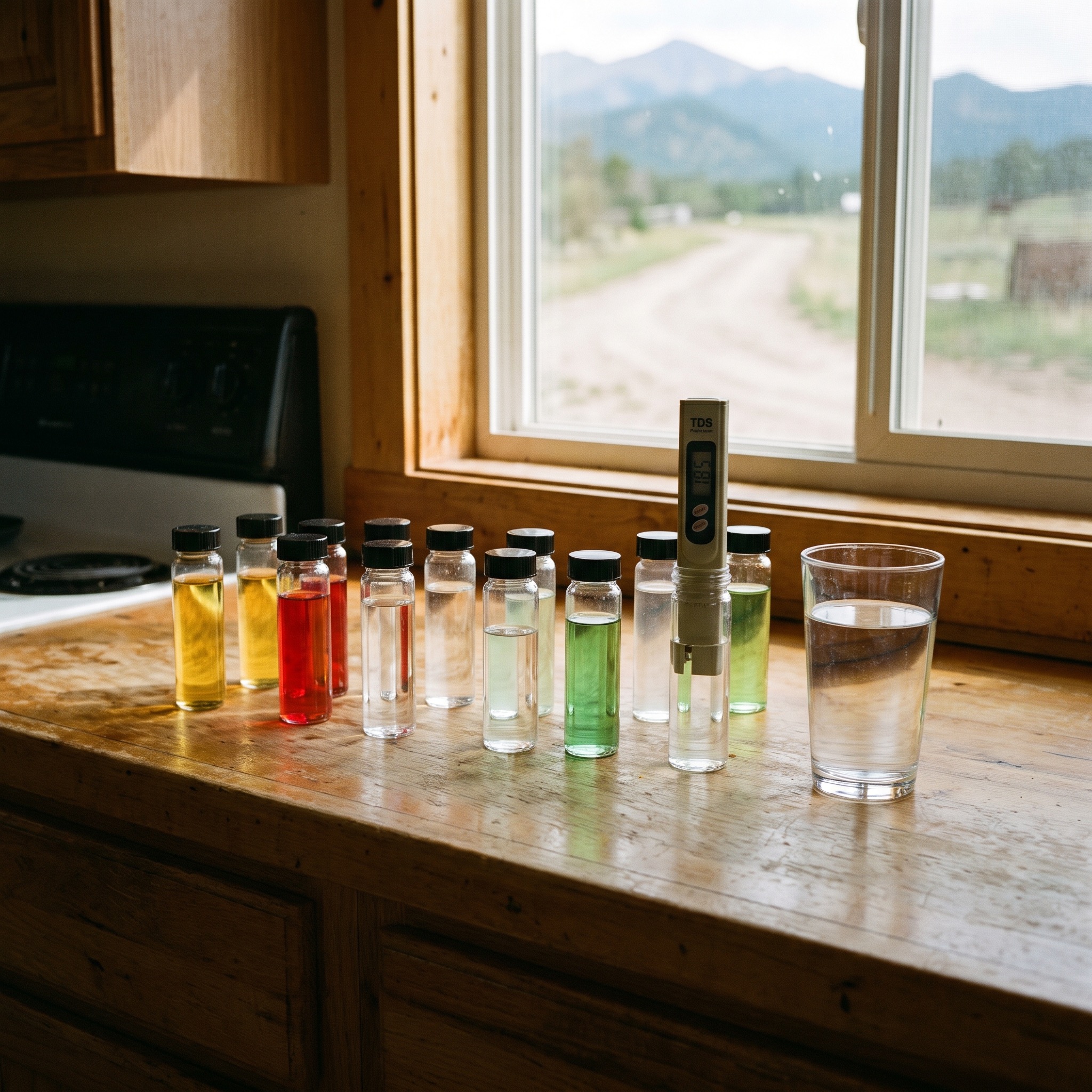 Well Water Testing in Colorado Water quality test vials with colored samples and a digital TDS meter next to a glass of clear water