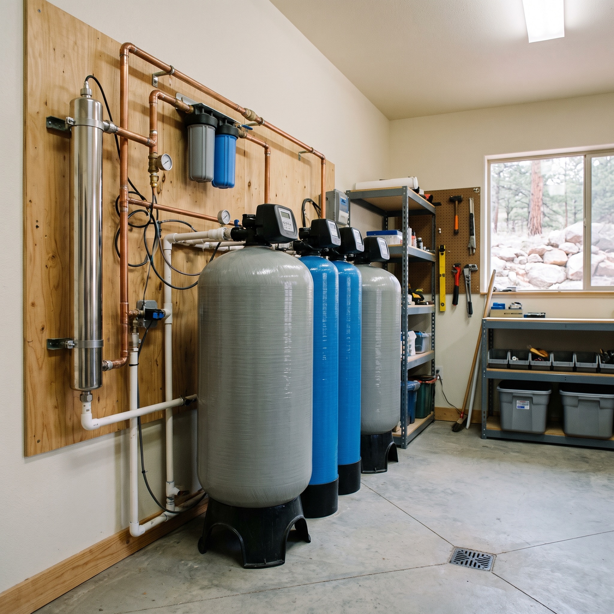 Whole House Filter Results in Colorado Multi-stage whole-house water filtration system installed in a Colorado home utility room
