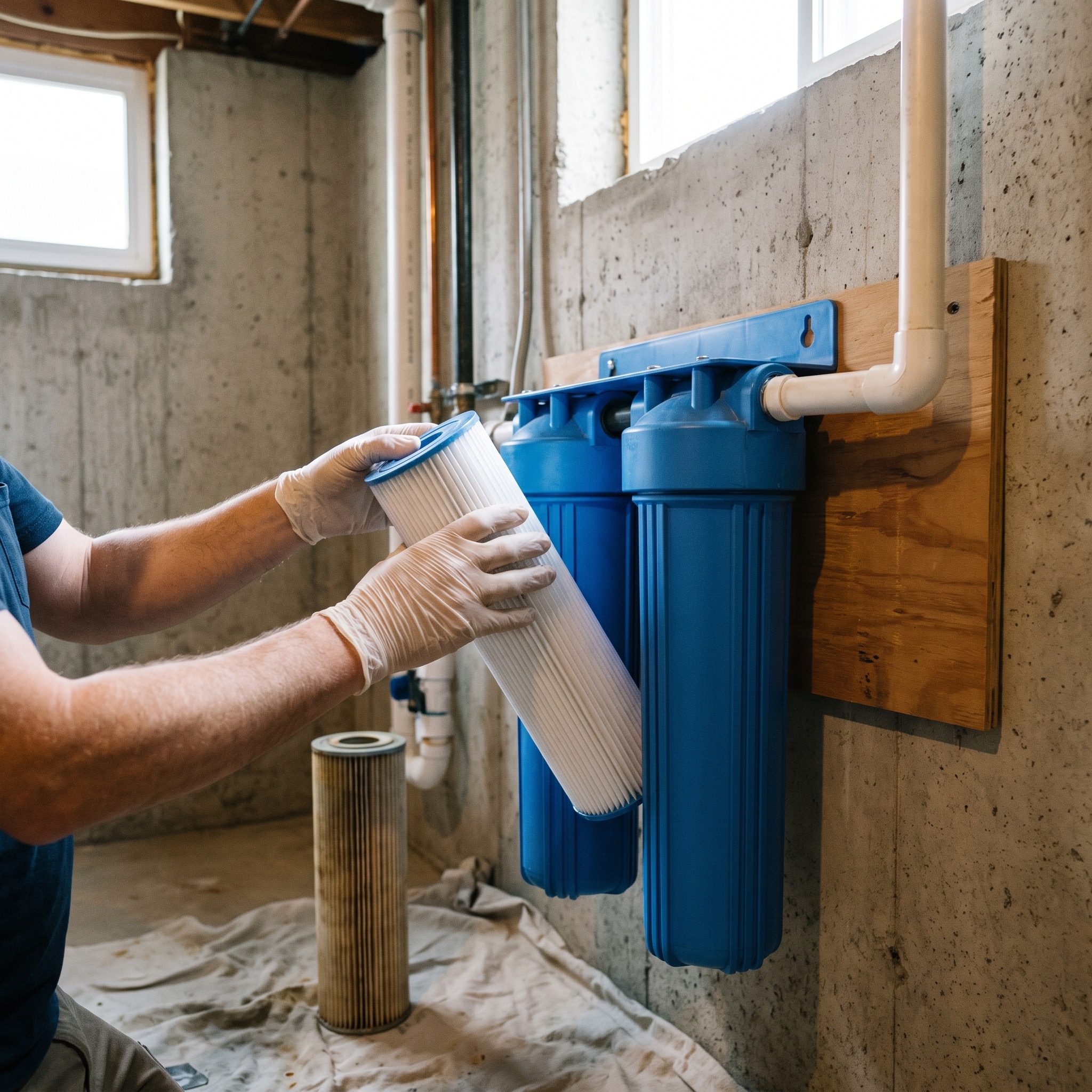 Whole House Filter Maintenance in Colorado Water treatment technician replacing a whole-house filter cartridge in a Colorado home basement