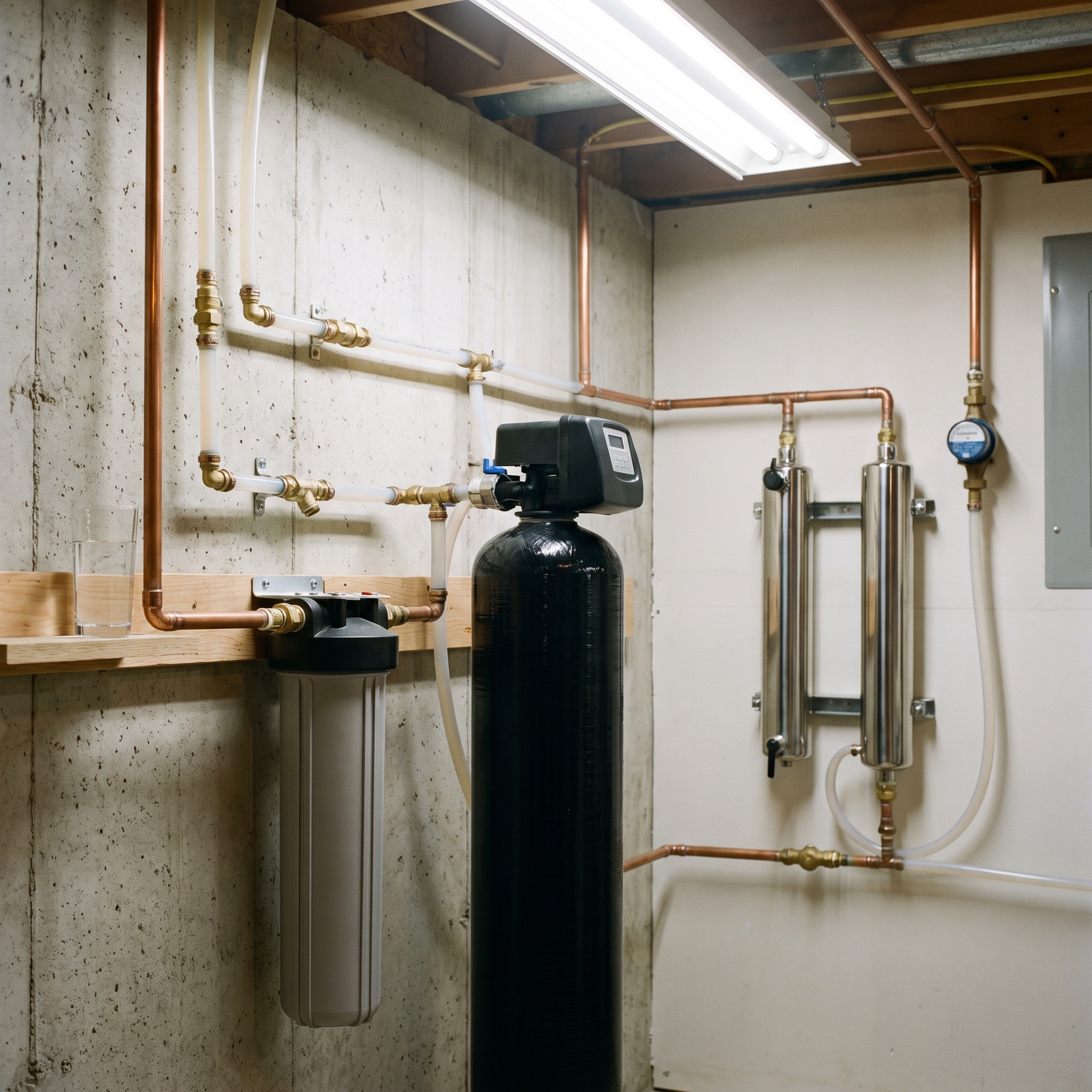 Whole House Water Filter Installation in Colorado Whole-house water filter system installed at the point where the main water line enters a Colorado home basement