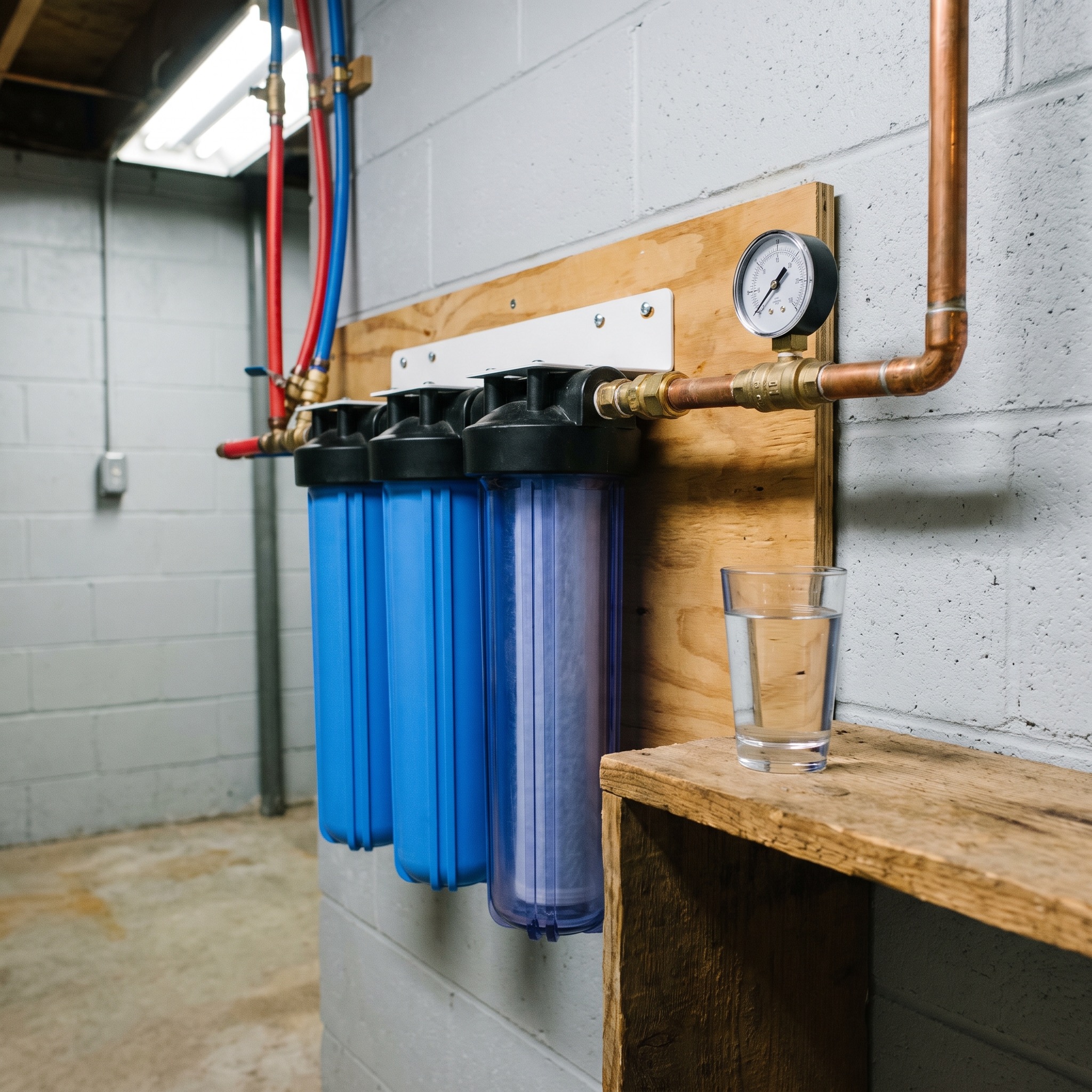 Whole House Water Filters in Colorado Whole house water filter system installed on the main water line in a Colorado home basement